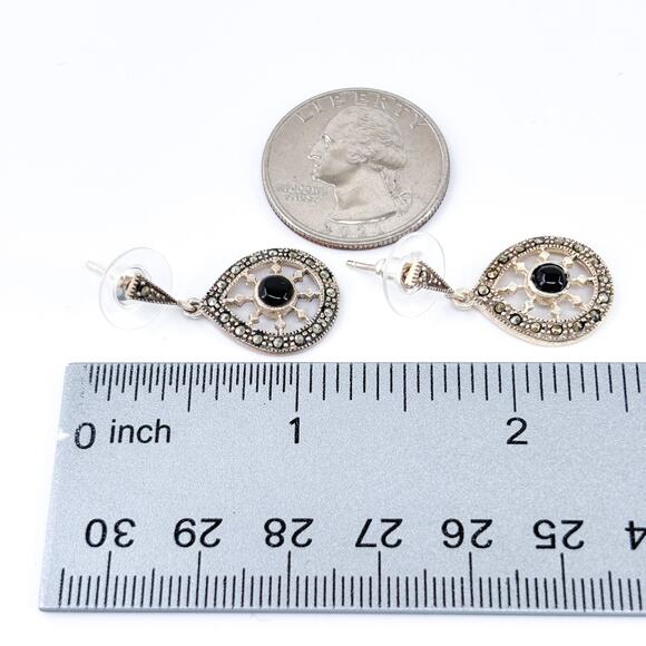 Vintage Sterling Silver 925 Thai Earrings | Onyx and Marcasite Teardrop Dangle - Picture 8 of 9